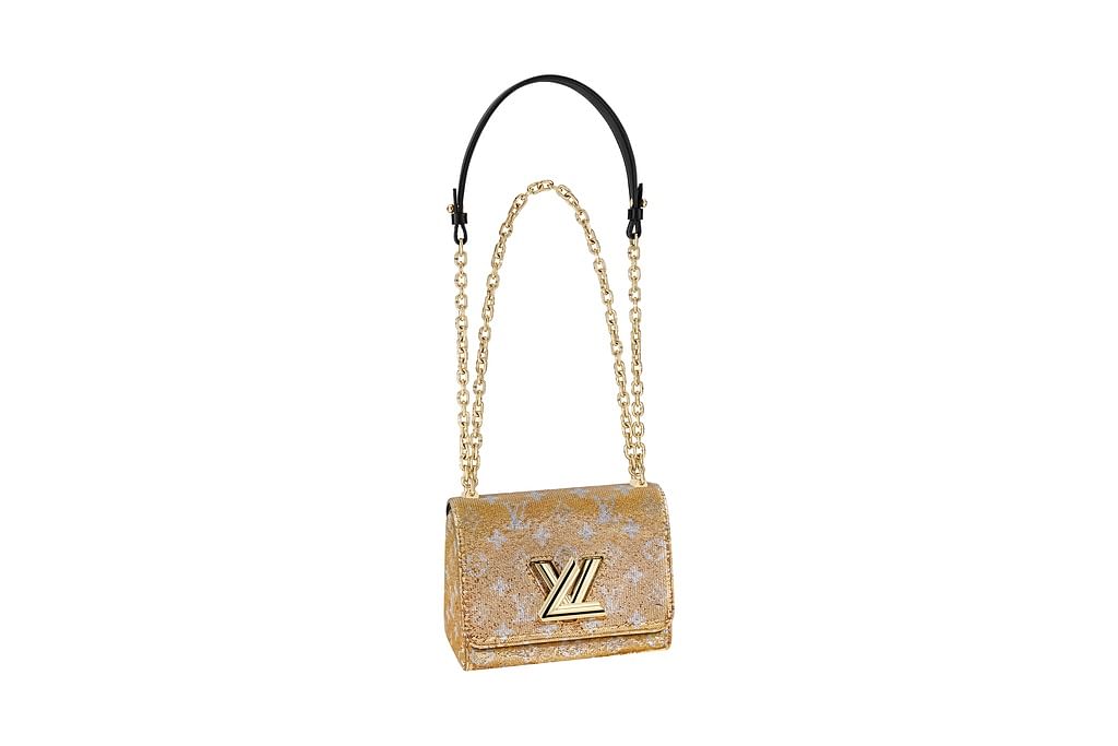 LOUIS VUITTON Sequins Monogram Twist Shoulder Bag PM Gold Silver