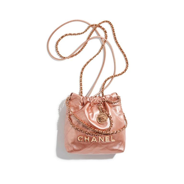 Chanel 22 Small Quilted Hobo Tote, Rose Gold Calfskin with Gold